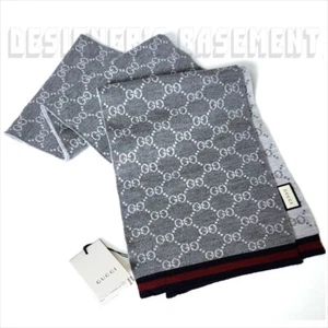 GUCCI gray & white SOLANGE Original GG red & blue WEB wool scarf NWT Authentic! - Picture 1 of 4