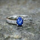 Genuine Blue Lindy Start Sapphire Ring, Moissanite 925 Sterling Silver Band Ring