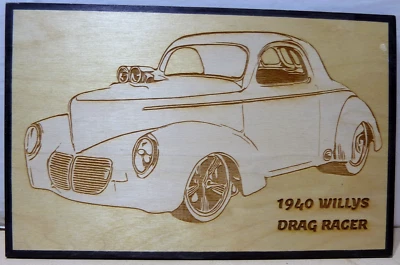 1940 年 Willys Drag Racer 木刻牌匾,墙艺术,汽车艺术,壁挂。 — 第 1/3 张图片