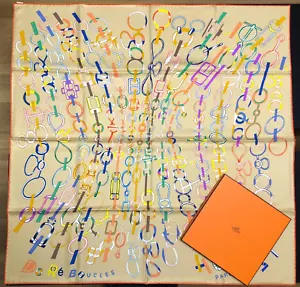 MINT w/ Tag & Box HERMES Silk Scarf DO RE BOUCLES 90 Beige Orange France Unused - Picture 1 of 19