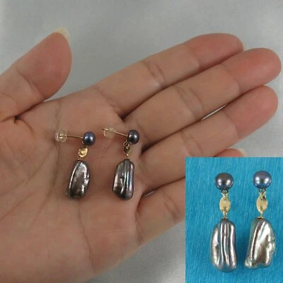 Black Biwa & Freshwater Cultured Pearl Dangle Earrings – 14 k Yellow Gold - Image 1 of 4