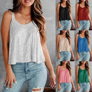 Women's Sequin Tank Tops Sleeveless Camisole Club Vest Tank Tops Shining Shirts - Picture 1 of 30