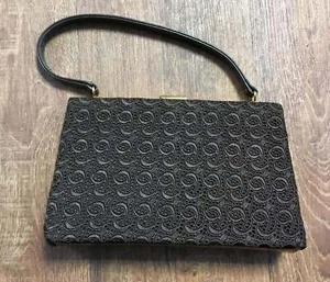 60s Brown Swiss Lace Bag | Vintage Leather & Gold Frame | Elegant Handbag Retro - Picture 1 of 5