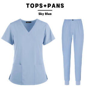Unisex Men Women Nursing Medical Workwear Uniform Set Jogger Scrub V-Neck Top