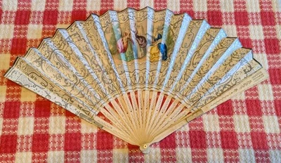 Antiguo abanico de mano victoriano francés plegable papel tallado hueso vintage Foto 1 de 4