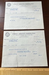 1929 Billheads, x2 Hinman Asbestos Corporation, Isolationsingenieure Cambridge - Bild 1 von 2