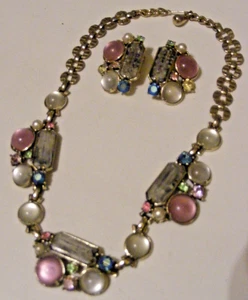 Juego de collar y clip vintage Selro Corp piedras cabujón rosa y opalino - Imagen 1 de 15