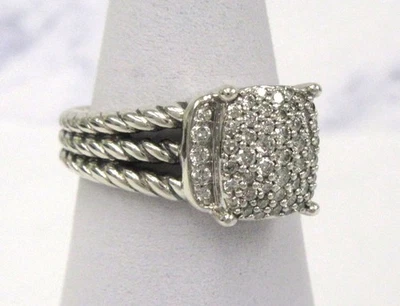 Anillo David Yurman Wheaton Plata de Ley Pavé Estrecho Diamantes Talla 7 Foto 1 de 4