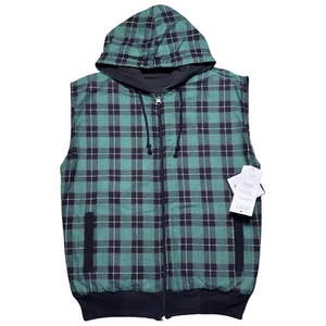 Vintage 90s Teams Plaid Reversible Green Black Zip Sleeveless Hoodie M Grunge - Picture 1 of 7