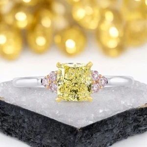 Cushion Diamond Ring IGI Fancy Vivid Yellow 1.20 Carat Lab Grown 14K White Gold - Picture 1 of 14