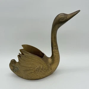 "Florero jardinero MCM vintage pájaro cisne de latón macizo 9 1/2"" con pátina decoración India" - Imagen 1 de 13