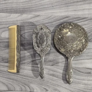 Vtg Silver Plated Vanity Set Hand Mirror, Hair Brush and Comb Heavy  - Picture 1 of 11