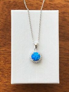925 Sterling Silver Cz Blue Opal Solitaire Pendant Necklace 10mm 16-18"