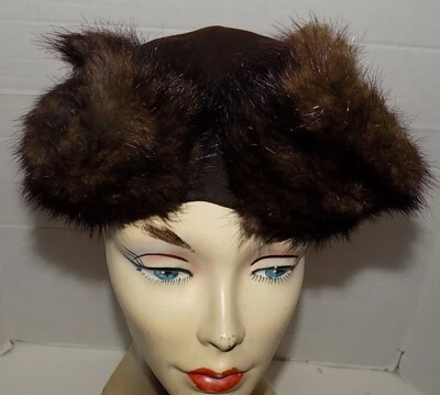 Sombrero camafeo vintage años 40 50 marrón lana fieltro y piel de visón Nueva York talla 22 Foto 1 de 4