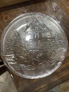 Libbey Klarglas Weihnachten Winter Schlittenfahrt Szene Servierplatte Platte Xmas - Bild 1 von 12