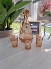 Vintage French Pink Peach Glass Dog Hunting Scene Decanter + 5 x Shot Glasses