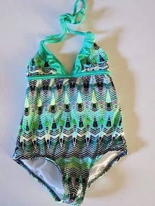Hurley Little Girls 6X Black White Green Ruffle Swimsuit 1 Pc Halter Tank Swim  - Picture 1 of 1