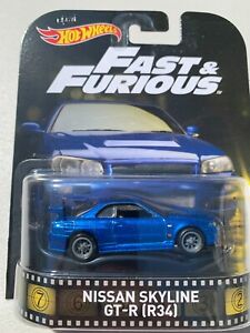 Hot Wheels Retro Entertainment Fast & Furious Blue Nissan Skyline GT-R R34 1:64 