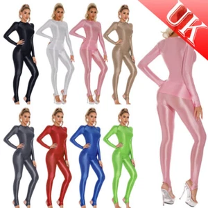 UK Women's Shiny Glossy Workout Outfits 2 Piece Slim Fit Top with Leggings Sets - Picture 1 of 229