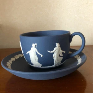 Wedgwood Jasperware Dancing Hours Cup & Saucer Black England Relief Color - Picture 1 of 3