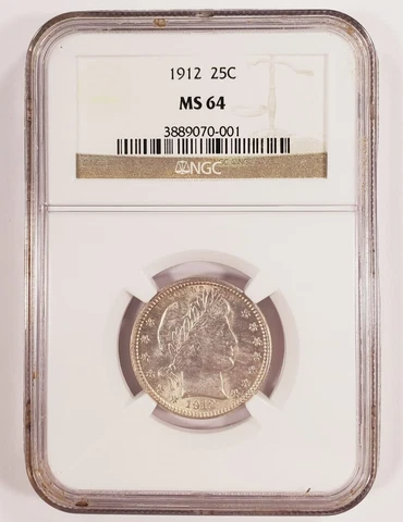 1912 25C Barber Quarter Graded by NGC as MS-64! Nice Color! Cover