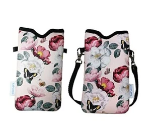 Men Women Neoprene Phone Sleeve Pouch Case Bag with Crossbody Pink Floral - Picture 1 of 7