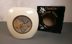 Chokin Flower Vase 24 kt Gold Edged Flower Humming Bird Vase Japan - Picture 1 of 12