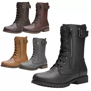 Women Faux Fur Lined Round Toe Lace Up Mid Calf Military Combat Boots US Size - Picture 1 of 37