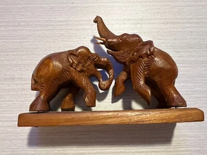 Hand Carved Wooden Elephant Babies Playing Vintage EUC Shelf Sitters - Picture 1 of 5