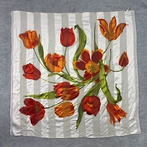 Vintage Scarf Italy Polyester Floral Ivory Orange Mod Square 33x33 Sheer Striped