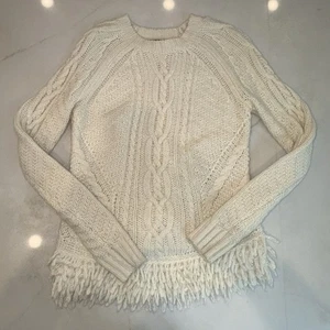 Banana Republic Italian Yarn Women’s S Small Ivory Cable Knit Sweater Fringe Hem - Picture 1 of 14