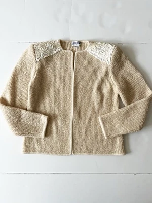 Vintage Adele Joyce Tweed Sweater Cardigan Woman M Cream Wool Blend Sequin Open - Image 1 of 4
