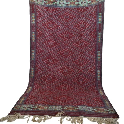 Vintage Moroccan Berber Rug Handmade Wool Geometric Flat Rug Kilim Azilal Carpet - Image 1 of 4