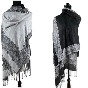 Reversible Pashmina Paisley Scarf Shawl Wrap Black Gray Fringe Boho  28”x77” - Picture 1 of 16