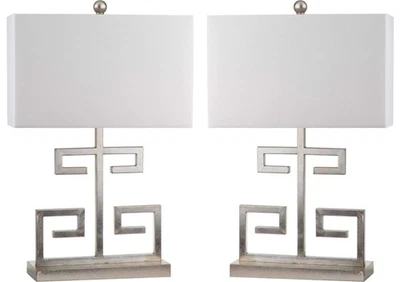 Lighting Collection Greek Key Antique Silver and White Table Lamp, Set of 2 - Image 1 of 4