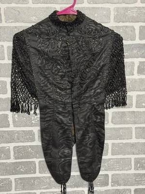 Винтажный женский маленький викторианский черный шелковый каминный воротник ручной работы из струйных бусин - Изображение 1 из 4