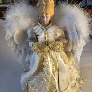Vintage 16" Weihnachten Engel Baumspitze weiß gold Spitze Kleid weiße Feder Flügel - Bild 1 von 4