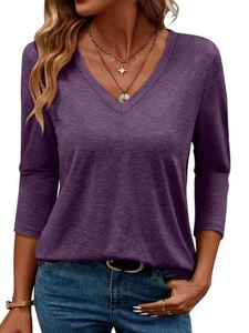 Women's V Neck 3/4 Sleeve Tops Casual Pullover T Shirts Summer Basic Loose Fi... - Picture 1 of 6