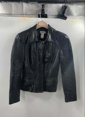 Bebe Womens Black Leather Long Sleeve Spread Collar Full-Zip Jacket Size P - Image 1 of 4