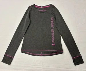 Under Armour Girls Thermal Long Sleeve Loose Shirt Size L Gray Pink Thumb Holes - Picture 1 of 4