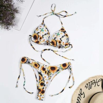 Mujeres Sexy Conjunto de Bikinis Push Up Floral Brasileño Tanga Halter Top Traje de Baño Foto 1 de 4