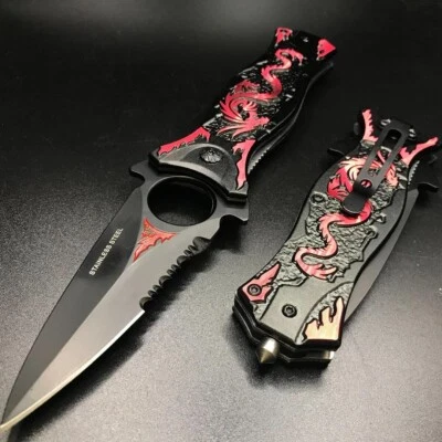 SUPER KNIFE 8.5" Red Dragon Tactical Survival Spring Assisted Open Folding Pocket Knife