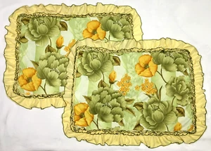 Vintage 60s 70s Mod Floral Standard Pillow Shams (2) Yellow Green Orange Ruffled - Picture 1 of 10