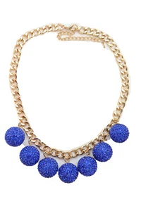 Women Fashion Necklace Gold Metal Chain Bling Blue Disco Balls Pendant Charms - Picture 1 of 12