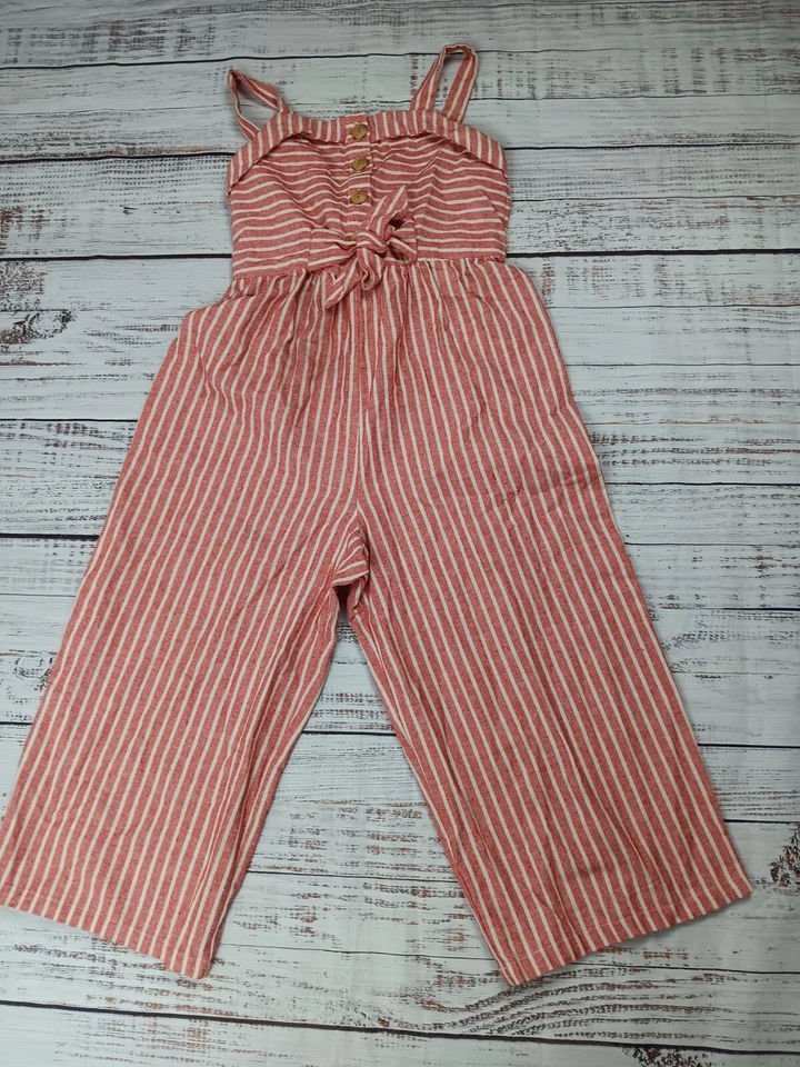 Mono SEQUIN HEARTS Niñas Mediano Rojo/Blanco Rayas Botón Corbata Frontal Lino  Foto 1 de 4