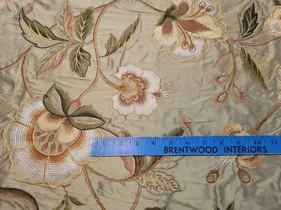 UTOPIA GREEN Gold Orange White Beige Embroidered Floral Silk Drapery Fabric - Image 1 of 3