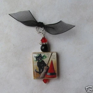 Halloween Pendant Black Cat Witches Hat Broom Vintage Altered Art Charm  - Picture 1 of 1