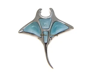 GENUINE NATURAL LARIMAR LARGE HAWAIIAN MANTA RAY SLIDE PENDANT HEAVY 925 SILVER - Picture 1 of 4