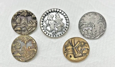 5 Vintage Metal Buttons w Buildings Birds Windmills and More 1/2-5/8 inch - Image 1 of 4