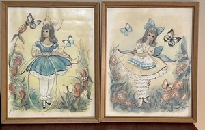 2 M. Hartnett 1971 Big Bow Girl, Cat & Butterflies Lithography - Picture 1 of 14